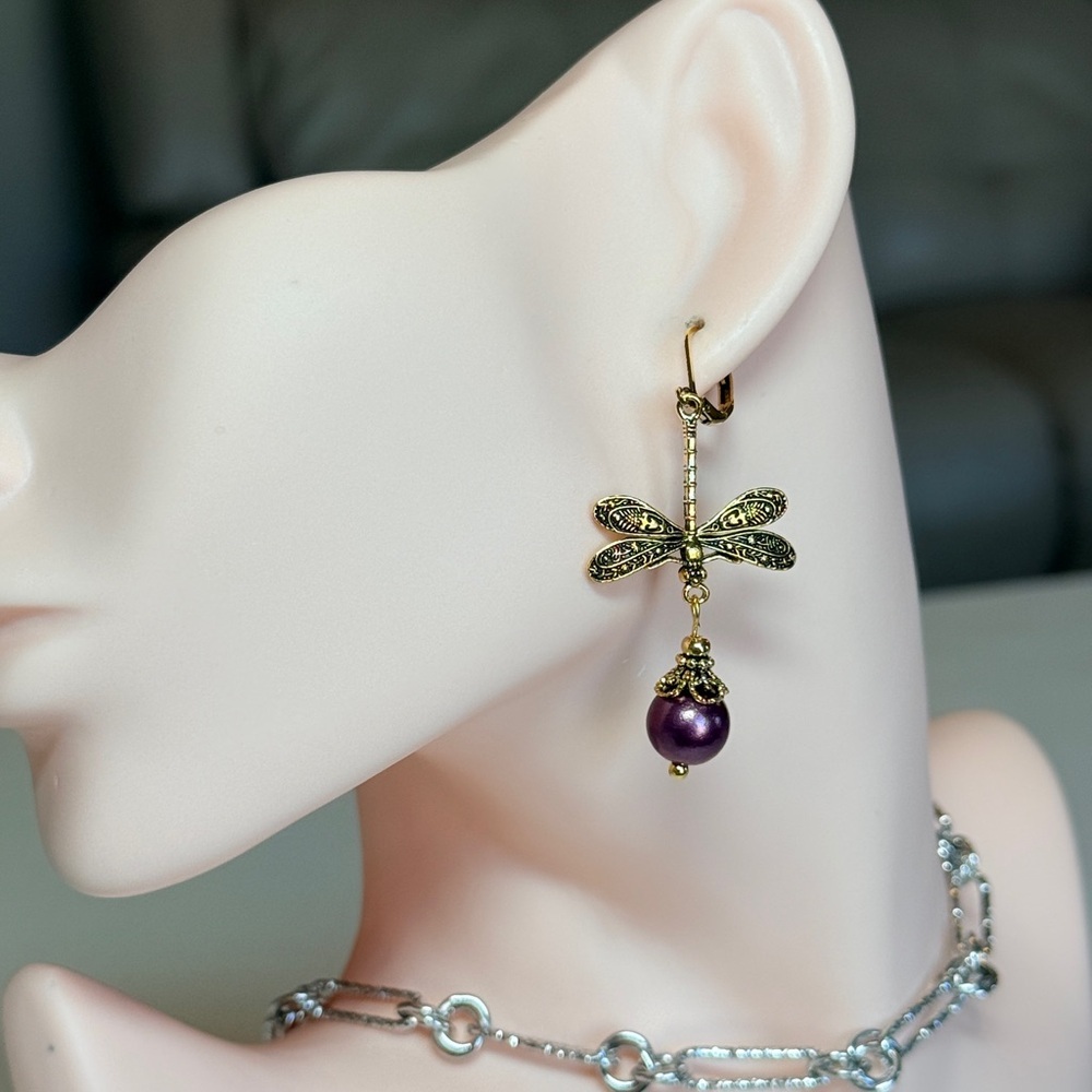 Gold Dragonfly Earrings with Purple Pearls - Picture 4 of 10